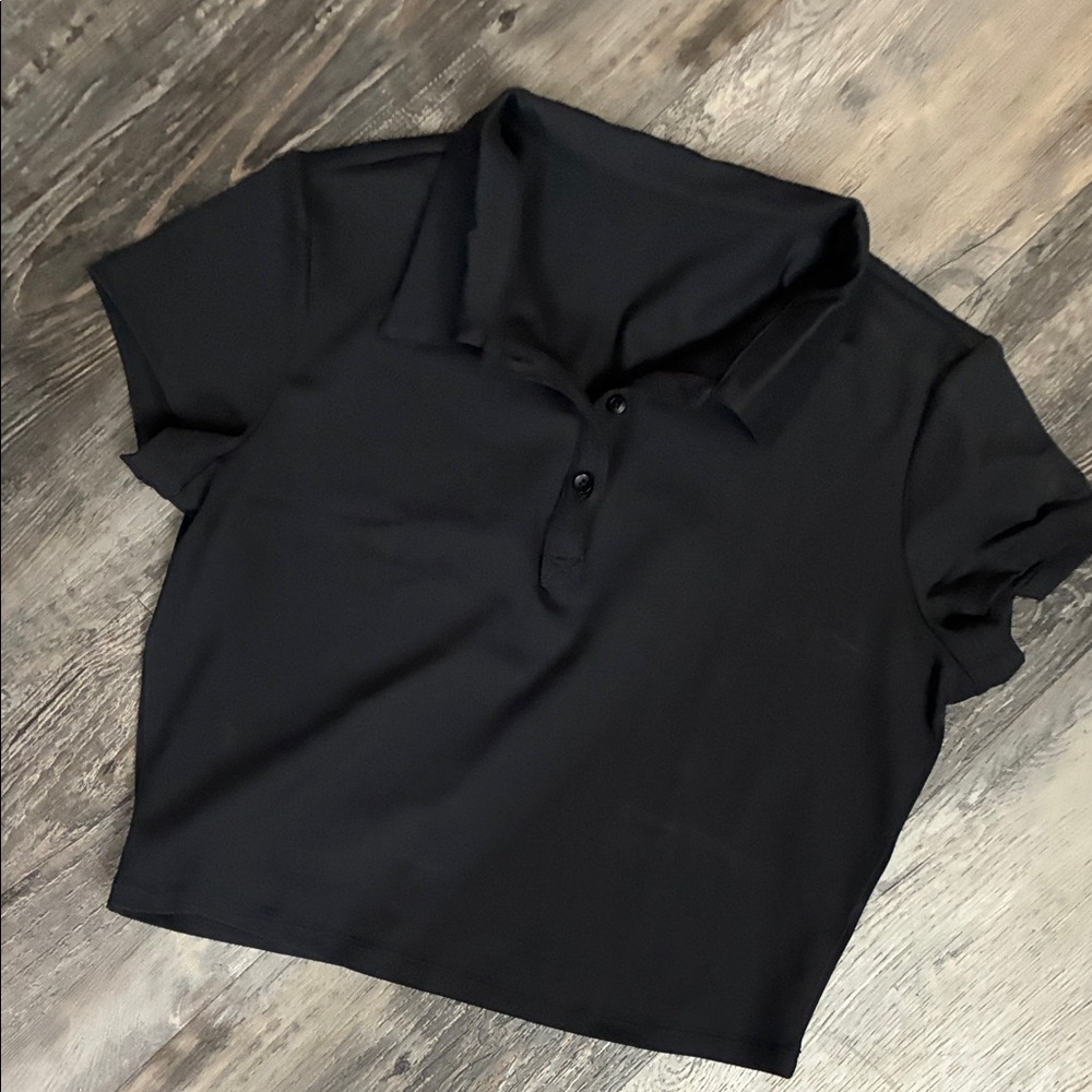 Black Polo Crop Top - Women's Casual Collared Tee